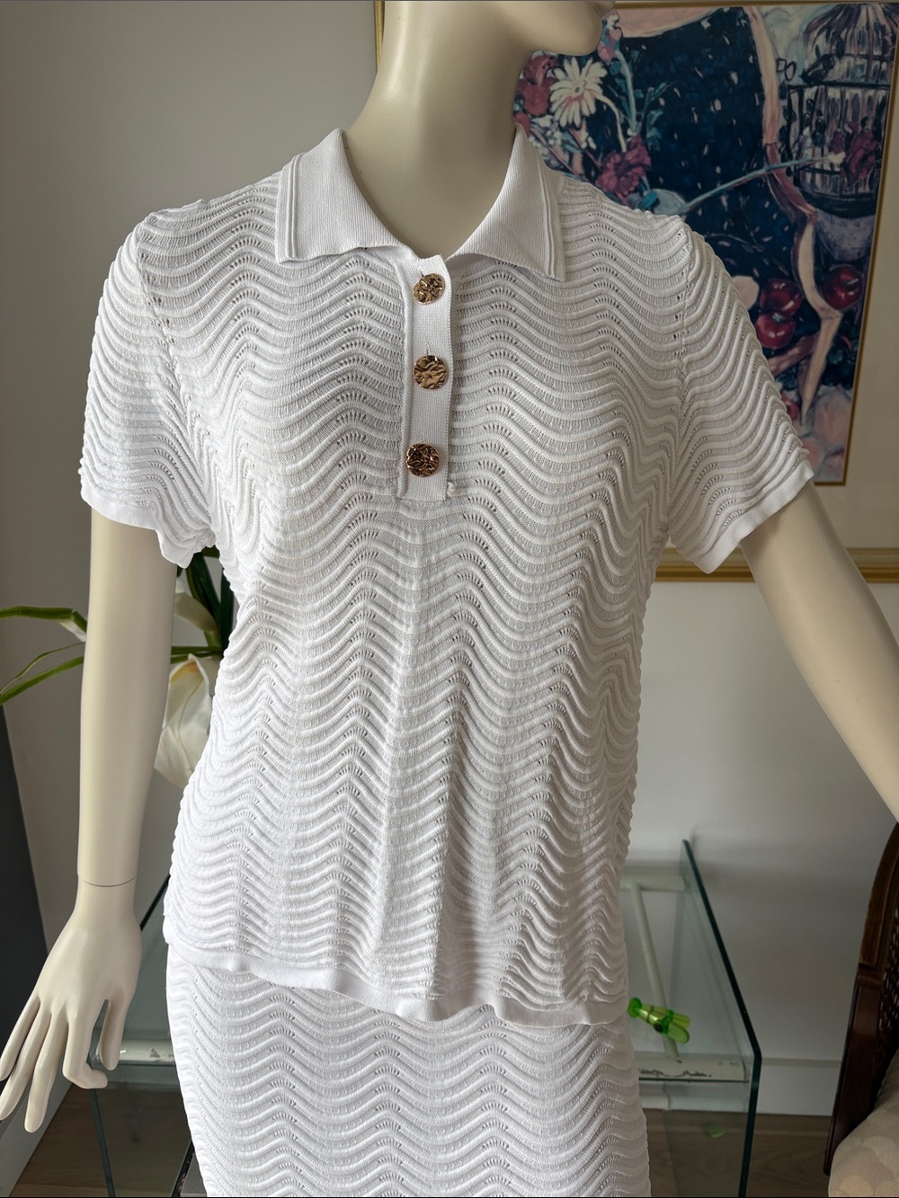 Joseph Ribkoff White Short-Sleeve Knit Polo with Gold-Tone Buttons